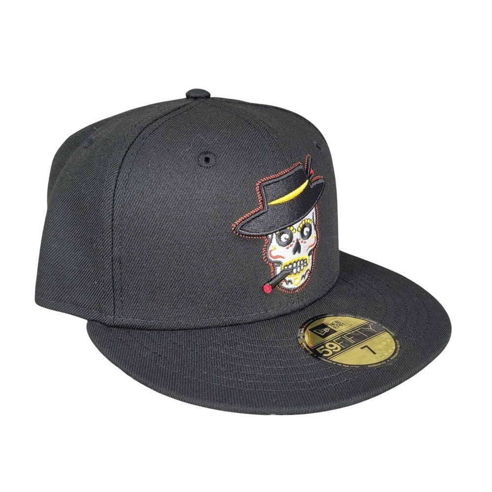 New Era Inland Empire 66ers 59FIFTY Fitted Cap Hat Skull Cigar Black Orange Sz 7
